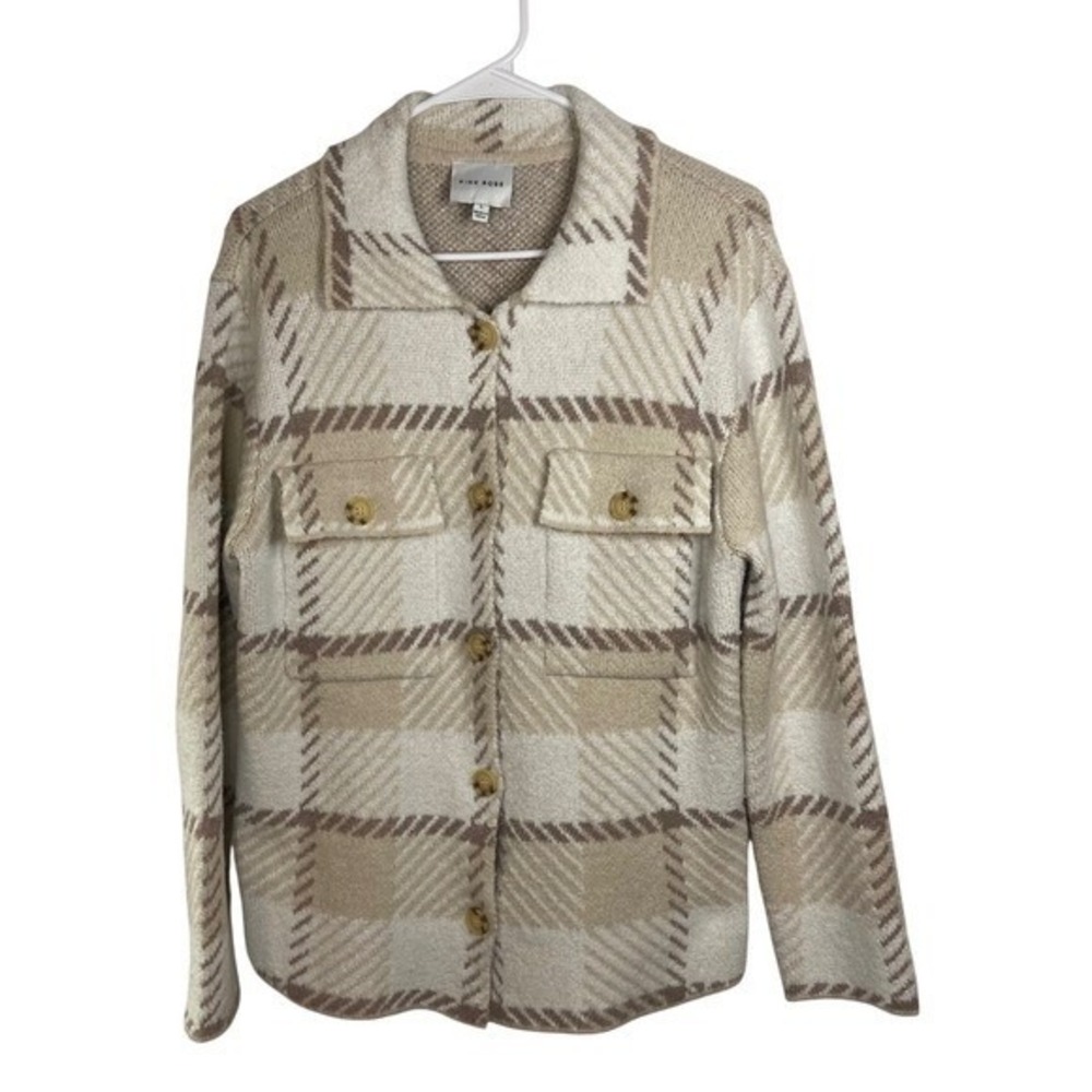 Pink Rose Neutral Plaid Knit Button Front Shacket Shirt Jacket Womens L